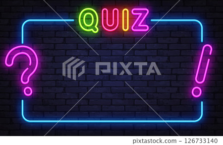 Neon quiz screen with question and exclamation marks on dark wall background 126733140