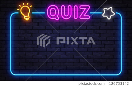 Colorful neon quiz frame with bulb and star icons, glowing pink quiz text on dark background, trivia game layout Colorful neon quiz frame with bulb and star icons, glowing pink quiz text on dark background, trivia game layout 126733142