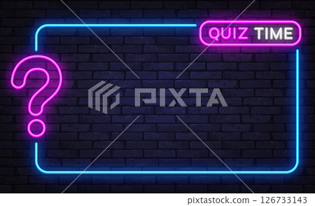 Dark neon template with pink question mark and quiz time tag, glowing blue border, modern trivia screen design 126733143