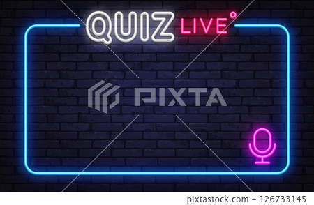Neon quiz live frame with microphone icon on dark brick wall background, glowing blue outline for live trivia show design Neon quiz live frame with microphone icon on dark brick wall background, glowing blue outline for live trivia show design 126733145