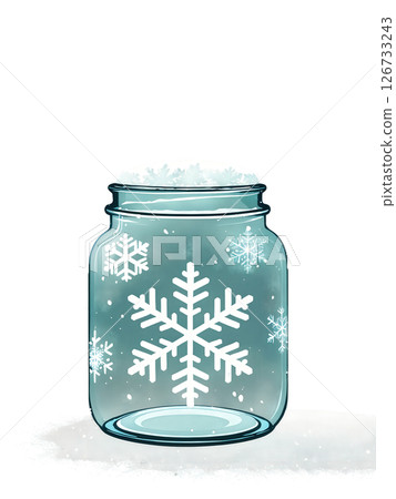 Icy blue glass jar with a snowflake design, set against a backdrop of snow-covered trees and frosty mist 126733243
