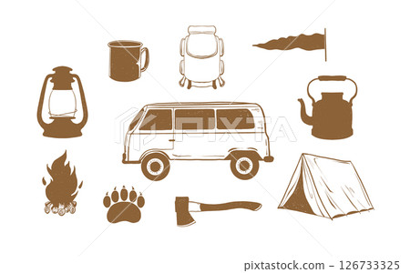 Summer camp, hiking set. Camping gear set. Survival in wild. Holiday trip. Tent, motorhome, fire, backpack. Trekking concept. Hand drawn style. Outline vector illustration. Vector illustration 126733325