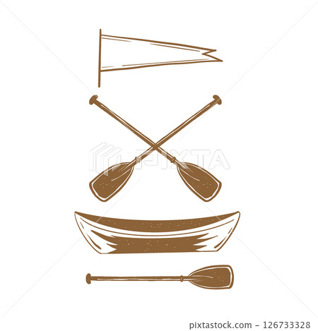 TSet of hand drawn illustrations wooden boat, oars, flag. Set of travel icons. Two boat paddles or canoe oars flat vector icon for nautical apps and websites. Vector illustration TSet of hand drawn illustrations wooden boat, oars, flag. Set of travel icons. Two boat paddles or canoe oars flat vector icon for nautical apps and websites. Vector illustration 126733328