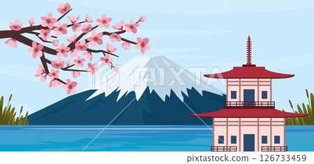 Landscape with pink cherry blossom, a mountain with a snowy peak and pagoda. Banner with sakura branch and Mount Fuji. Vector illustration. 126733459