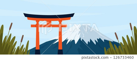 Landscape with mountain snowy peak and torii gate. Banner with Mount Fuji. Vector illustration. 126733460