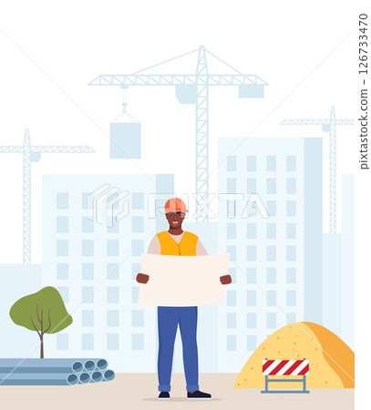 Construction worker, industrial technician builder over city construction site. Tower cranes building residential buildings. Black Man engineer in uniform and orange protective helmet. Vector. 126733470