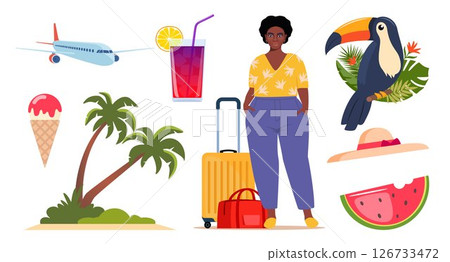 Summer icons. Black woman with suitcase, airplane, toucan, tropical palm leaves, ice cream, cocktail, palm, watermelon, hat. Concept of adventure, journey, summer trip. Vector. 126733472