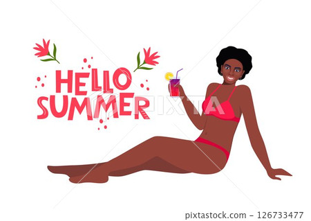 Black woman dressed in swimsuit sunbathing on the beach with cocktail in her hand and smiling. Hello Summer lettering. Vector illustration. 126733477