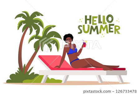 Black woman dressed in swimsuit sunbathing on the beach with cocktail in her hand and smiling. Girl on sun bed. Hello Summer lettering. Vector illustration. Black woman dressed in swimsuit sunbathing on the beach with cocktail in her hand and smiling. Girl on sun bed. Hello Summer lettering. Vector illustration. 126733478