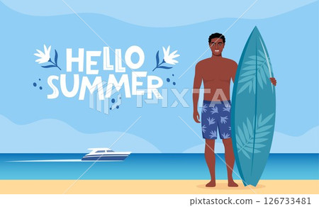 Young black man surfer with surfboard standing on the beach. Seashore and Hello Summer lettering. Concept of adventure, journey, summer trip. Vector Illustration. Young black man surfer with surfboard standing on the beach. Seashore and Hello Summer lettering. Concept of adventure, journey, summer trip. Vector Illustration. 126733481