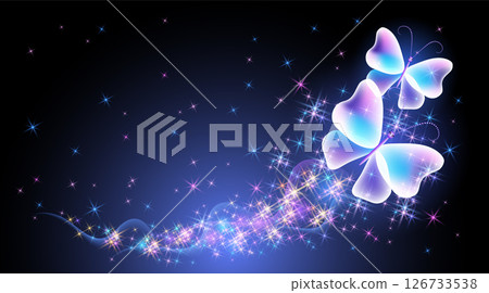 Magic butterflies with fantasy sparkle and blazing trail and glowing stars on bdark night background Magic butterflies with fantasy sparkle and blazing trail and glowing stars on bdark night background 126733538