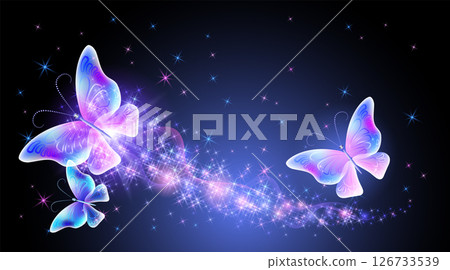 Magic butterflies with fantasy sparkle and blazing trail and glowing stars on night background 126733539