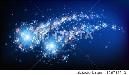 Flying sparkling two comets with curved glowing dust tail  in the starry night sky. Star dust trail with shining stars. Space research concept. 126733540