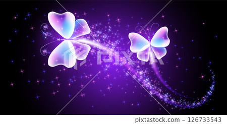 Magic butterflies with fantasy sparkle and blazing trail and glowing stars on night background 126733543