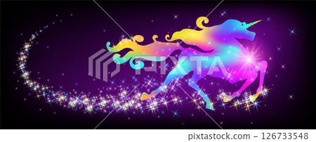 Galloping iridescent unicorn with luxurious winding mane against the background of the fantasy universe with stars. 126733548