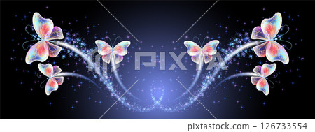 Magic butterflies with fantasy sparkle and blazing trail and glowing stars on night background Magic butterflies with fantasy sparkle and blazing trail and glowing stars on night background 126733554