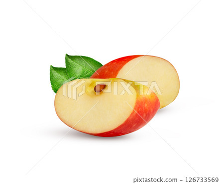 Slices of red apple with leaf isolated on white background 126733569