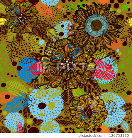 colored graphic flowers seamless pattern. Not AI. Vector illustration. 126733570