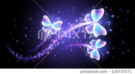 Magic butterflies with fantasy sparkle and blazing trail and glowing stars on night background Magic butterflies with fantasy sparkle and blazing trail and glowing stars on night background 126733571