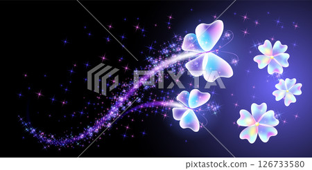 Magic butterflies and flowers with fantasy sparkle and blazing trail and glowing stars on night background 126733580