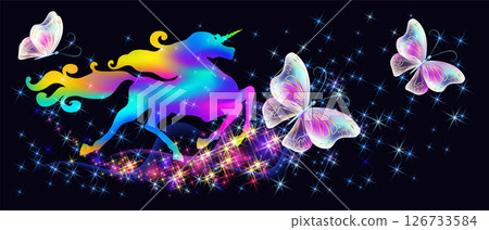 Galloping unicorn with luxurious winding mane and flying magic butterflies against the background of the fantasy universe with sparkling stars. 126733584