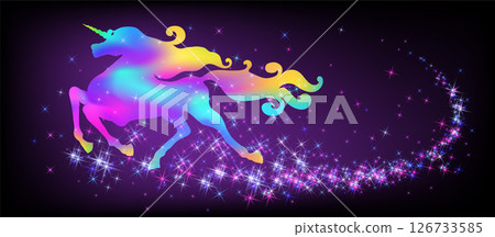 Galloping iridescent unicorn with luxurious winding mane against the background of the fantasy universe with sparkling stars. 126733585