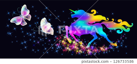 Galloping unicorn with luxurious winding mane and flying magic butterflies against the background of the fantasy universe with sparkling stars. 126733586