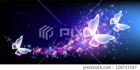 Butterflies with sparkle and blazing trail flying in night sky among shiny glowing stars in cosmic space. Animal protection day concept. 126733587