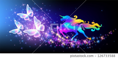 Galloping unicorn with luxurious winding mane and flying magic butterflies against the background of the fantasy universe with sparkling stars. 126733588