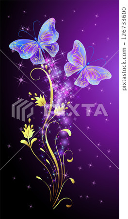 Fairytale night sky with magical blue butterflies and floral ornament and stars. Fantasy sparkle background. Fairytale night sky with magical blue butterflies and floral ornament and stars. Fantasy sparkle background. 126733600