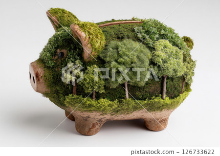 Discover a unique piggy bank designed with moss blending savings with nature for a greener future. 126733622
