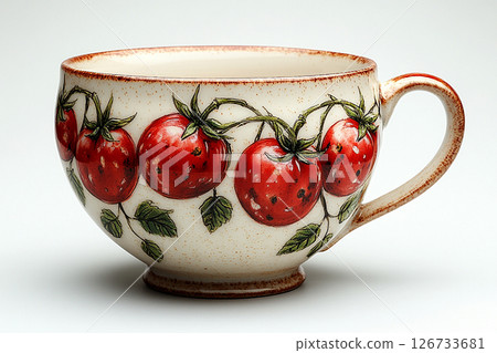 Ceramic cup with a tomato pattern in a classic style on a white background. Ceramic cup with a tomato pattern in a classic style on a white background. 126733681