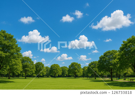 "A park scene in early summer with a clear blue sky and lush, soothing natural scenery" 126733818
