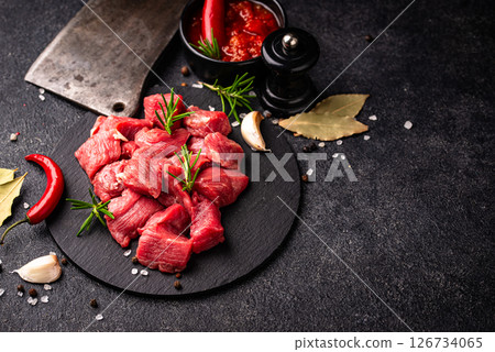 Raw beef meat and ingredients for cooking 126734065