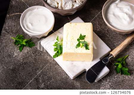Dairy products. Milk, cottage cheese, cream, butter and yogurt Dairy products. Milk, cottage cheese, cream, butter and yogurt 126734076