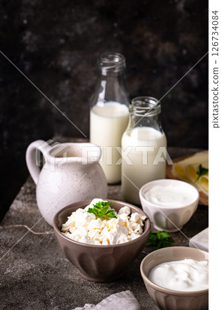 Dairy products. Milk, cottage cheese, cream, butter and yogurt Dairy products. Milk, cottage cheese, cream, butter and yogurt 126734084