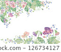 Violets flowers and forget-me-nots. Watercolor clipart illustration of top and bottom floral frame on white background. For invitations, postcards, business cards. Decorating cups, dishes, etc. 126734127