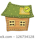 Textile house for decoration. Watercolor illustration handmade crafts. Cute cozy home for printing postcards, notebooks, stickers, dishes, T-shirts, etc. Design of a site on sewing and needlework. 126734128