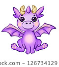 Cute cartoon purple baby dragon. Watercolor illustration of childish fairy dragon with wings, horns, ears and cat paws. Sitting pose with playful expression. Character for children products or books. 126734129