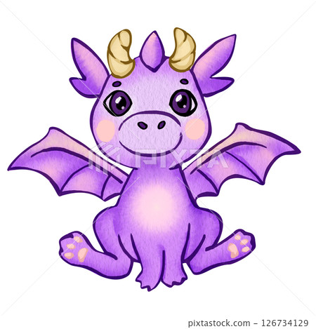 Cute cartoon purple baby dragon. Watercolor illustration of childish fairy dragon with wings, horns, ears and cat paws. Sitting pose with playful expression. Character for children products or books. Cute cartoon purple baby dragon. Watercolor illustration of childish fairy dragon with wings, horns, ears and cat paws. Sitting pose with playful expression. Character for children products or books. 126734129