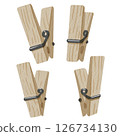 Watercolor illustration of a four clothespin set. Hand drawn graphic clip art of wooden clothes peg isolated on white background. Watercolor cartoon style. For scrapbooking and handmade. 126734130