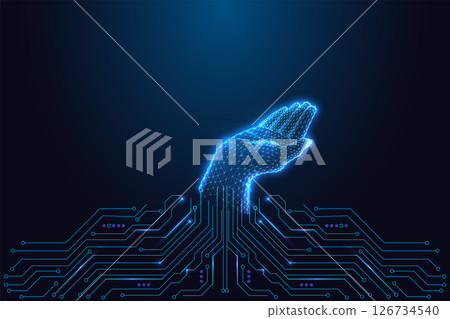 Artificial intelligence and digital interaction with glowing polygonal hand, vector illustration Artificial intelligence and digital interaction with glowing polygonal hand, vector illustration 126734540