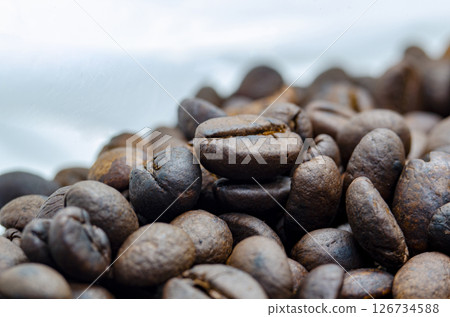 Side view of roasted coffee beans on white background with customizable space for text Side view of roasted coffee beans on white background with customizable space for text 126734588