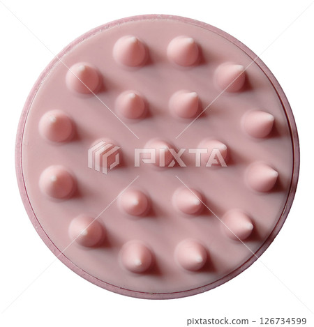Pink silicone scalp massager with soft spikes, hair care tool, shower scrubber, isolated on transparent background Pink silicone scalp massager with soft spikes, hair care tool, shower scrubber, isolated on transparent background 126734599