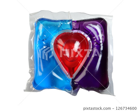 Multi-chamber laundry detergent pod isolated on transparent background, colorful eco-friendly washing capsule, modern cleaning product, liquid detergent, hygienic sealed pack 126734600