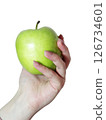 Hand holding fresh green apple, healthy snack, crisp fruit, isolated on transparent background 126734601