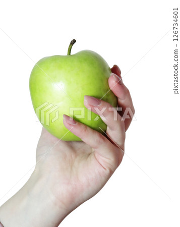 Hand holding fresh green apple, healthy snack, crisp fruit, isolated on transparent background 126734601