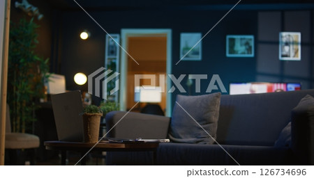 Contemporary studio with modern decorations and neon lights creating a cozy casual living space with a smart tv and comfortable setup. Empty apartment loft with trendy furniture. 126734696