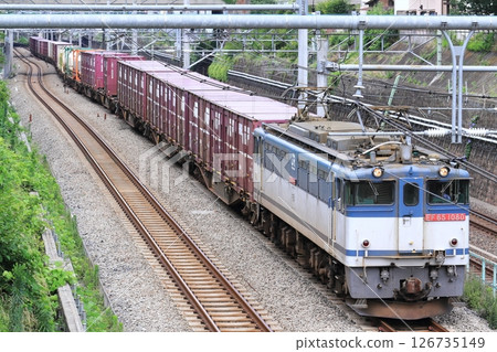 Container freight train running on the Yamanote freight line route Container freight train running on the Yamanote freight line route 126735149