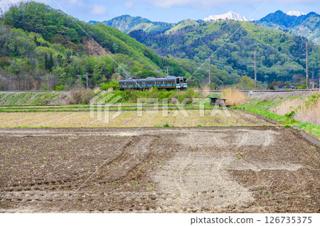 [View of the scenery along the Shinonoi Line from the Zenkoji Highway] Fertilized fields and a train [Omi Village, Higashichikuma District] 126735375